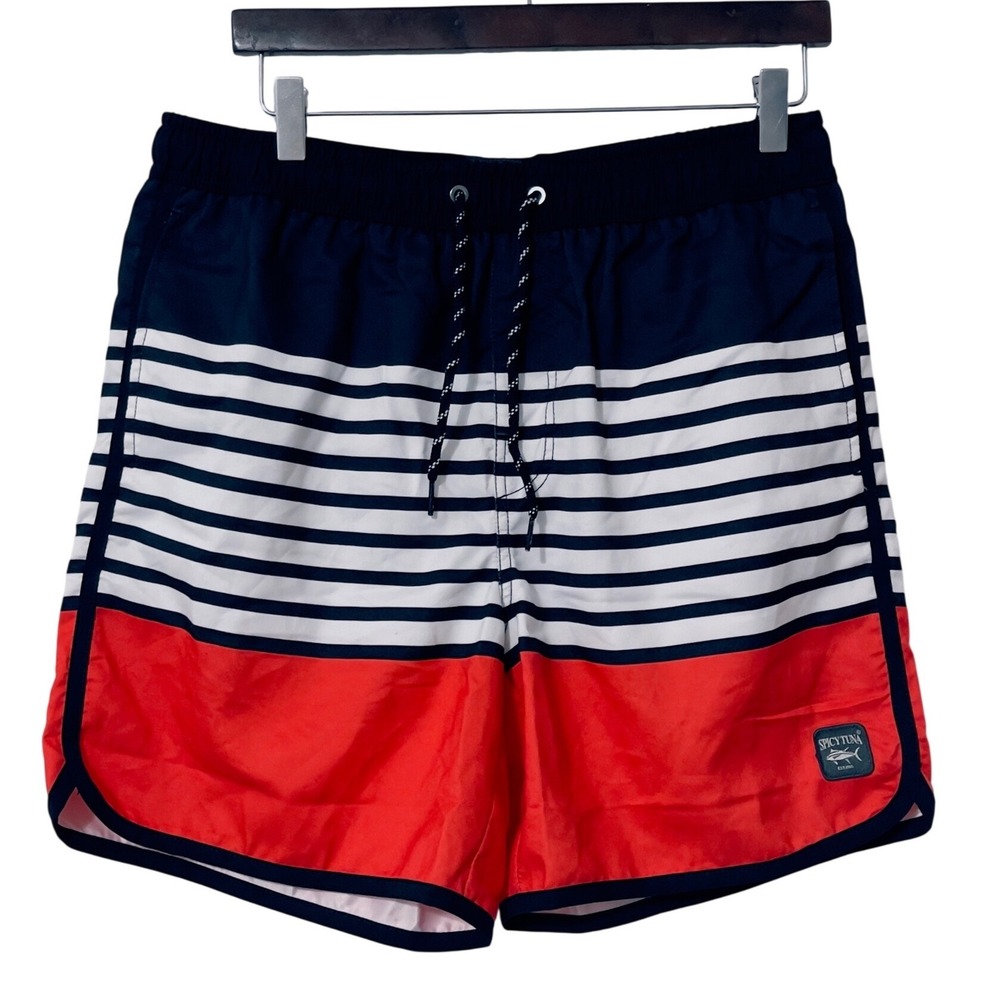 Spicy Tuna Mens Swim Trunks Medium Navy Blue White Red‎ Striped Board Shorts